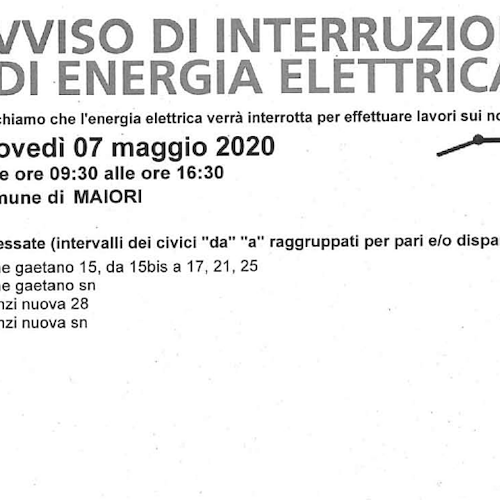 Enel, 7 giovedì interruzione fornitura elettrica a Maiori 