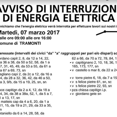 Enel, 7 marzo interruzione fornitura elettrica a Tramonti