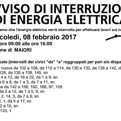 Enel, 8 febbraio interruzione fornitura elettrica a Maiori