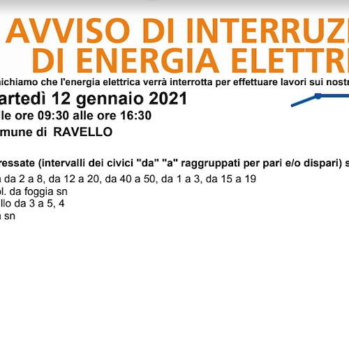 Enel, domani 12 gennaio interruzione fornitura elettrica a Ravello