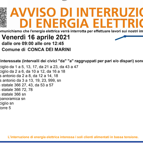 Enel, domani (16 aprile) interruzione elettrica a Conca dei Marini