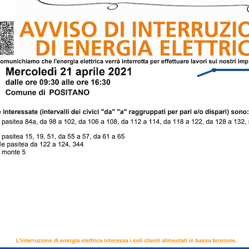 Enel, domani (21 aprile) interruzione elettrica a Positano 