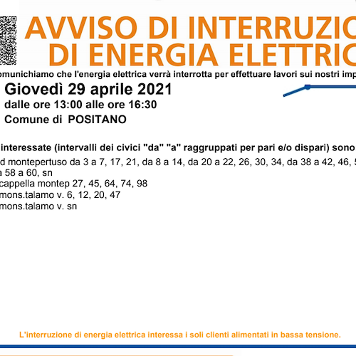 Enel, domani (29 aprile) interruzioni elettriche a Positano 