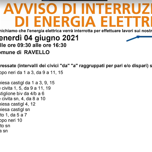 Enel, domani (4 giugno) interruzione fornitura elettrica a Ravello