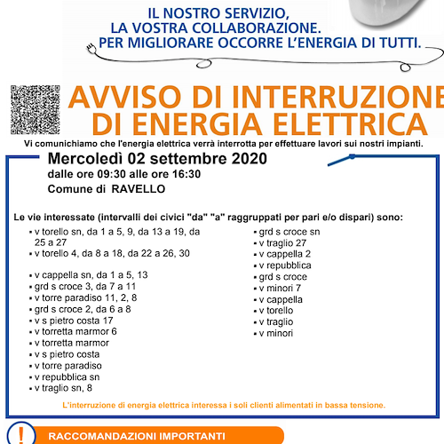 Enel, domani interruzione fornitura elettrica a Ravello