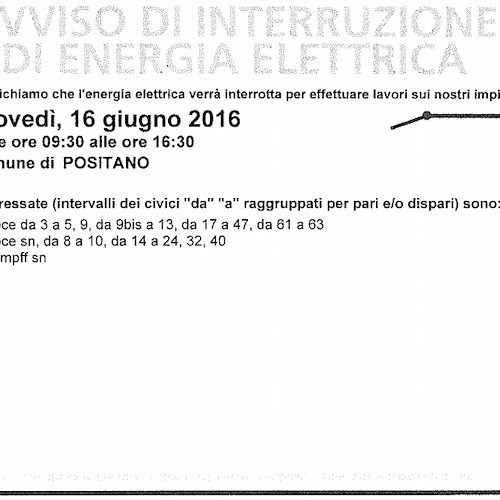 Enel, giovedì 16 giugno interruzione fornitura elettrica a Positano