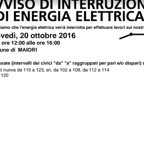 Enel, giovedì 20 ottobre interruzione fornitura elettrica a Maiori