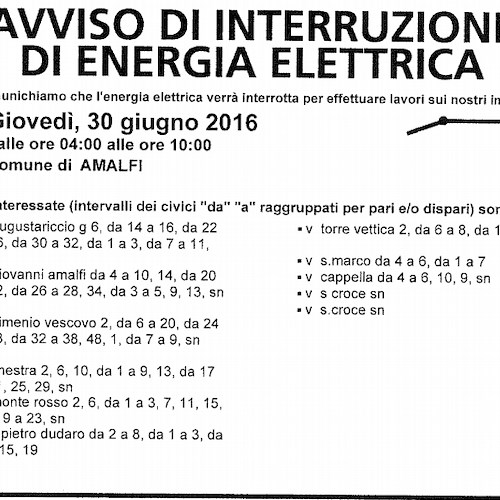Enel, giovedì 30 giugno interruzione fornitura elettrica ad Amalfi