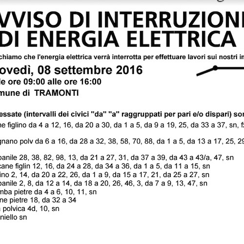 Enel, giovedì 8 settembre interruzione fornitura elettrica a Tramonti