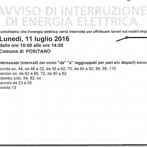 Enel, lunedì 11 luglio interruzione fornitura elettrica a Positano