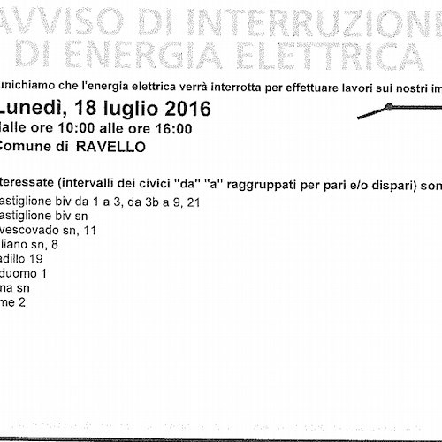 Enel, lunedì 18 luglio interruzione fornitura elettrica a Ravello