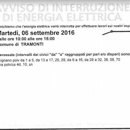 Enel, martedì 6 settembre interruzione fornitura elettrica a Tramonti