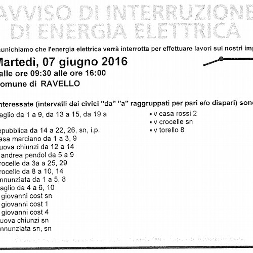 Enel, martedì 7 giugno interruzione fornitura elettrica a Ravello