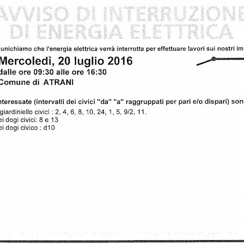 Enel, mercoledì 20 luglio interruzione fornitura elettrica ad Atrani