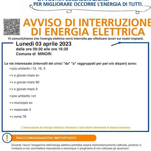 Enel, oggi interruzione fornitura elettrica a Minori