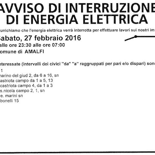 Enel, tra sabato e domenica altra interruzione fornitura elettrica ad Amalfi
