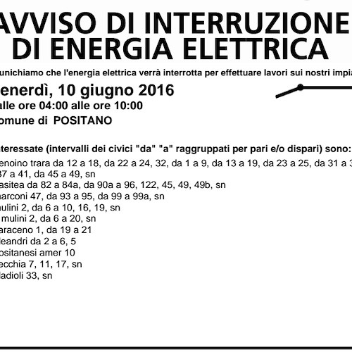 Enel, venerdì 10 giugno interruzione fornitura elettrica a Positano