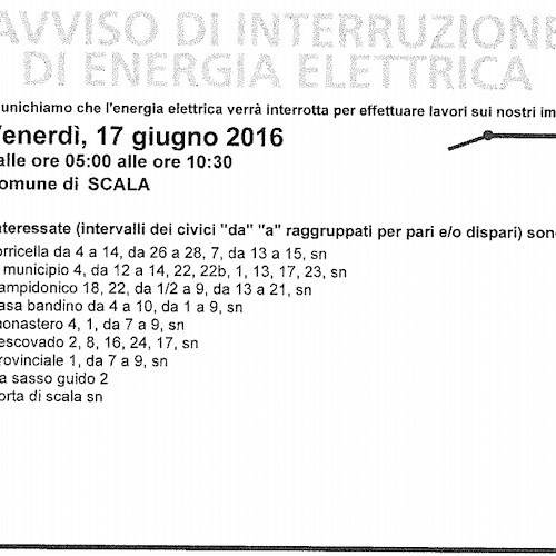 Enel, venerdì 17 giugno interruzione fornitura elettrica a Scala