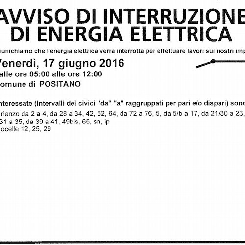 Enel, venerdì 17 giugno interruzione fornitura elettrica a Positano