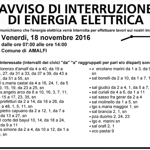 Enel, venerdì 18 novembre interruzione fornitura elettrica ad Amalfi