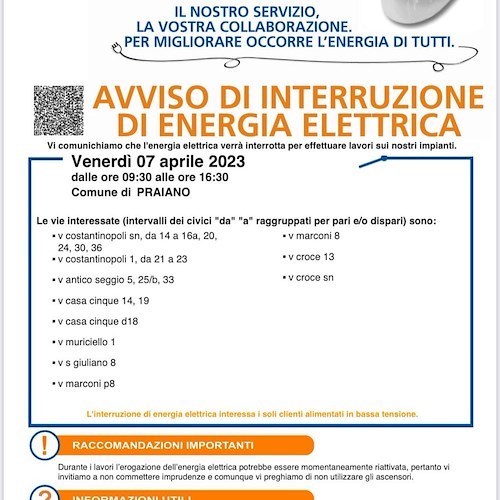 Enel, venerdì 7 aprile interruzione fornitura elettrica a Praiano