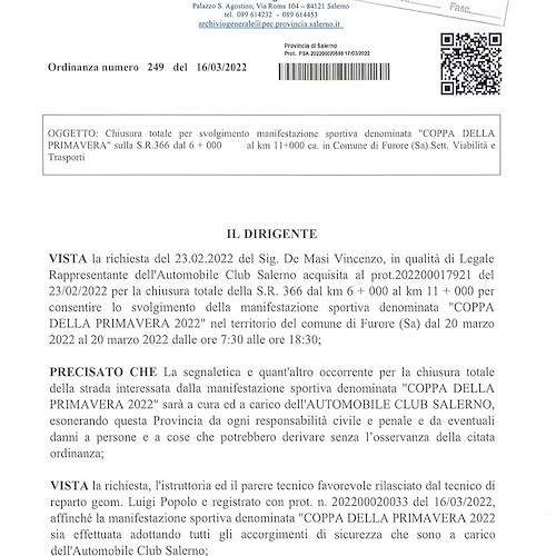 Furore, 20 marzo strada chiusa per svolgimento Coppa Primavera
