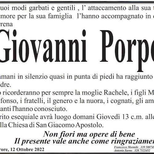 Furore e Conca dei Marini piangono la scomparsa di Giovanni Porpora