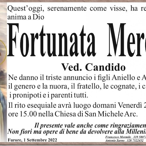 Furore piange la scomparsa della signora Fortunata Merolla, vedova Candido