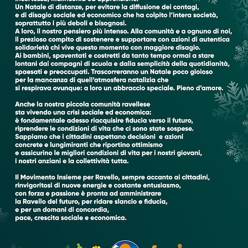 Gli auguri di Natale di Insieme per Ravello: «Pronti a ridare slancio e fiducia alla Ravello del futuro»