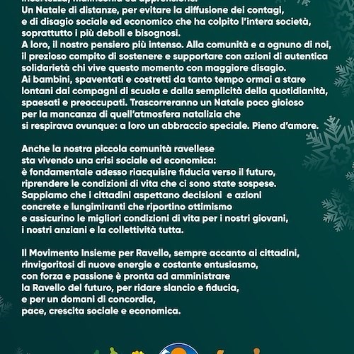 Gli auguri di Natale di Insieme per Ravello: «Pronti a ridare slancio e fiducia alla Ravello del futuro»