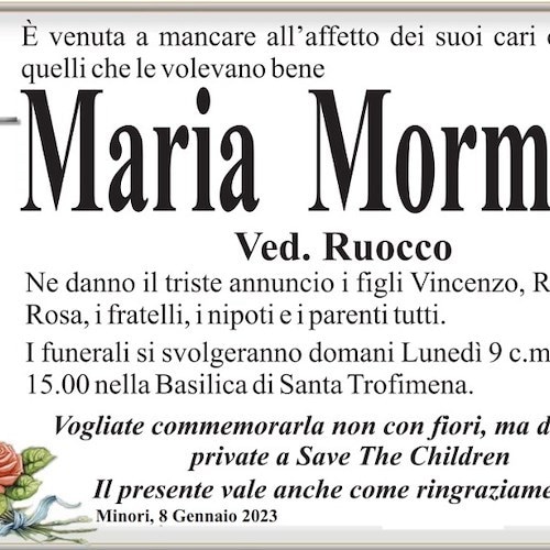 Ha terminato il suo percorso terreno la signora Maria Mormile, vedova Ruocco