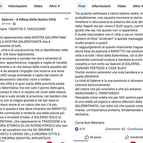 I tifosi della Curva Sud Siberiano contro le bandiere del Napoli a Salerno: «Non è l'azzurro il colore della città»