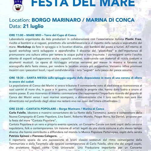 Il 21 luglio a Conca dei Marini torna la Festa del Mare con laboratori per bambini, degustazioni e tammurriate