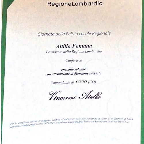 Il Comandante Vincenzo Aiello riceve a Milano encomio dal Presidente Fontana: è originario di Maiori/ FOTO