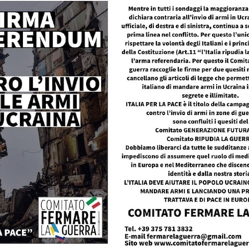 Il Comitato "Fermare la guerra" avvia anche a Salerno e provincia la campagna referendaria contro l’invio di armi in Ucraina