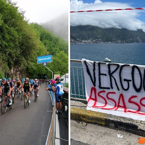 Il Giro d’Italia passa per la Costa d’Amalfi e incontra striscioni di protesta: in cima Francesco Gavazzi /FOTO e VIDEO