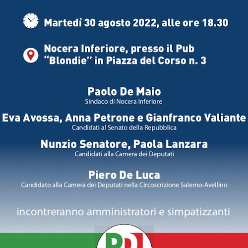 Il PD inizia la campagna elettorale campana da Nocera Inferiore: stasera Piero De Luca e i candidati salernitani incontrano i cittadini