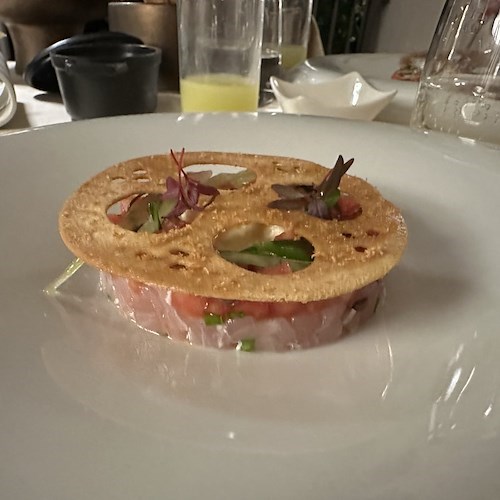 Tartare di ricciola "Dei Li Galli", con puntarelle, bottarga e spuma all'olio di oliva<br />&copy; Maria Abate