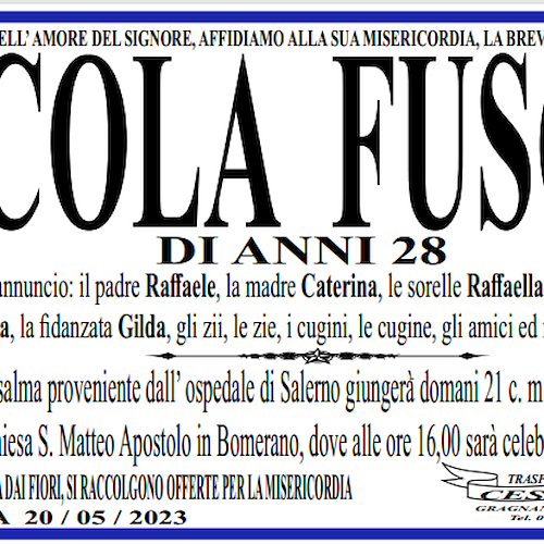 Incidente a Ravello, riconsegnata ai familiari la salma del giovane Nicola Fusco: i funerali ad Agerola