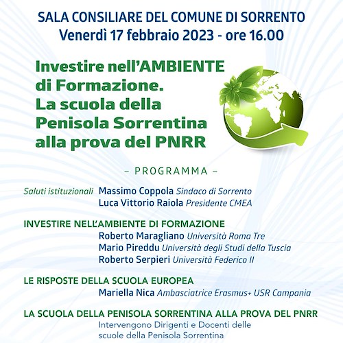 “Investire nell’Ambiente di Formazione”, 17 febbraio il seminario a Sorrento