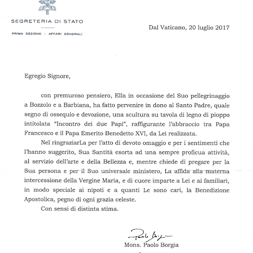 Invia a Papa Francesco la sua scultura, Rodolfo Somma di Tramonti riceve la Benedizione apostolica