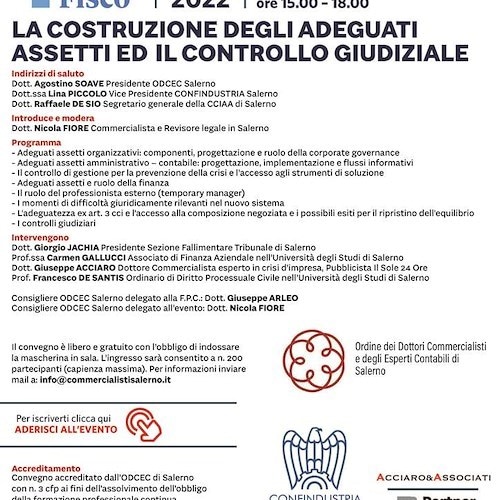 L’assetto societario per prevenire le crisi d'impresa: a Salerno il convegno su “La Costruzione degli adeguati assetti ed il controllo giudiziale”