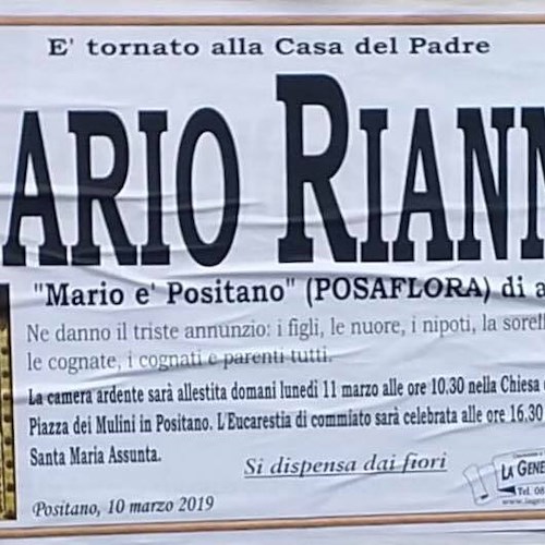 La Costa d'Amalfi porge l'ultimo saluto a Mario Rianna (Posaflora)
