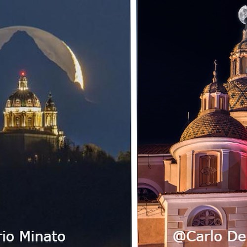 La Basilica di Superga davanti al Monviso e la luna piena in cima alla Collegiata di Atrani<br />&copy; Valerio Minato / Carlo De Felice