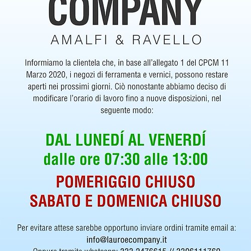 Lauro & Company, i nuovi orari dei negozi di ferramenta ad Amalfi e Ravello