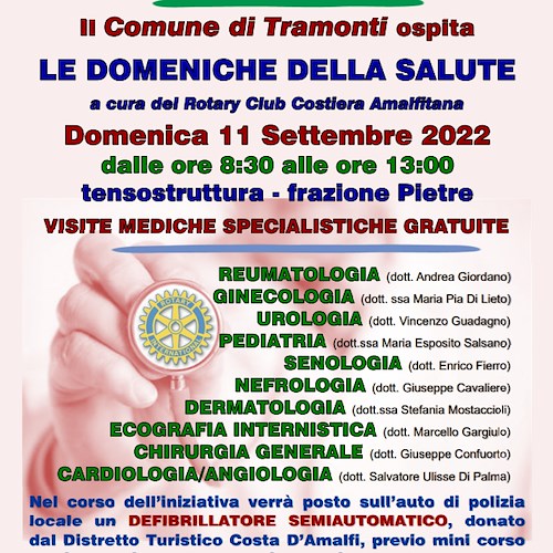 “Le Domeniche della Salute” fanno tappa a Tramonti: 11 settembre gli screening gratuiti del Rotary Club Costiera Amalfitana