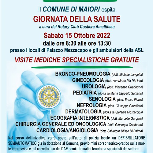 “Le Giornate della Salute” fanno tappa a Maiori: sabato 15 ottobre gli screening gratuiti a cura del Rotary Club Costiera Amalfitana