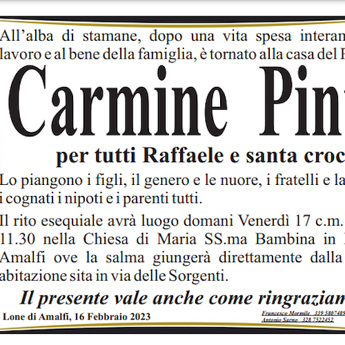 Lone di Amalfi: addio a Carmine Pinto, per tutti Raffaele e santa croce 