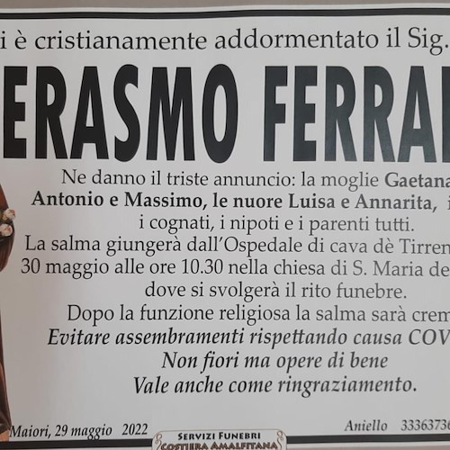 Lutto a Maiori per la morte di Erasmo Ferrara