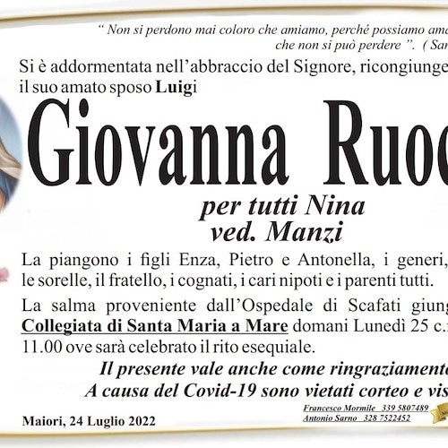 Lutto a Maiori per la morte di Giovanna Ruocco, aveva 84 anni